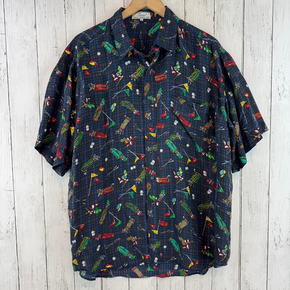 VTG 80's Snow Blue Plaid Washable Silk Golf Clubs Short Sleeve Shirt Size XL